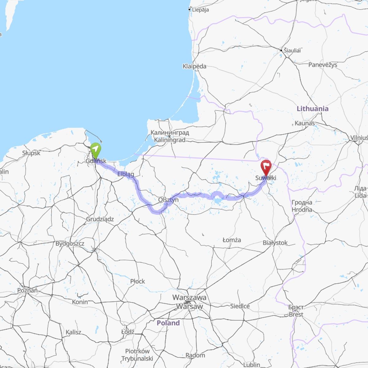 Route map from Gdańsk to Kaunas