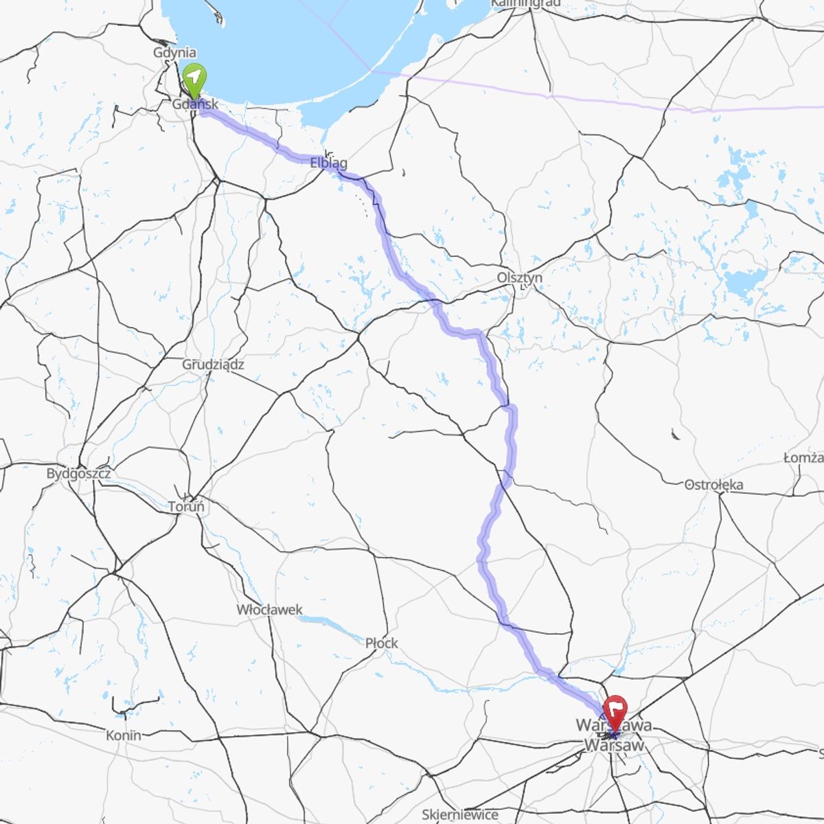 Route map from Gdańsk to Warsaw